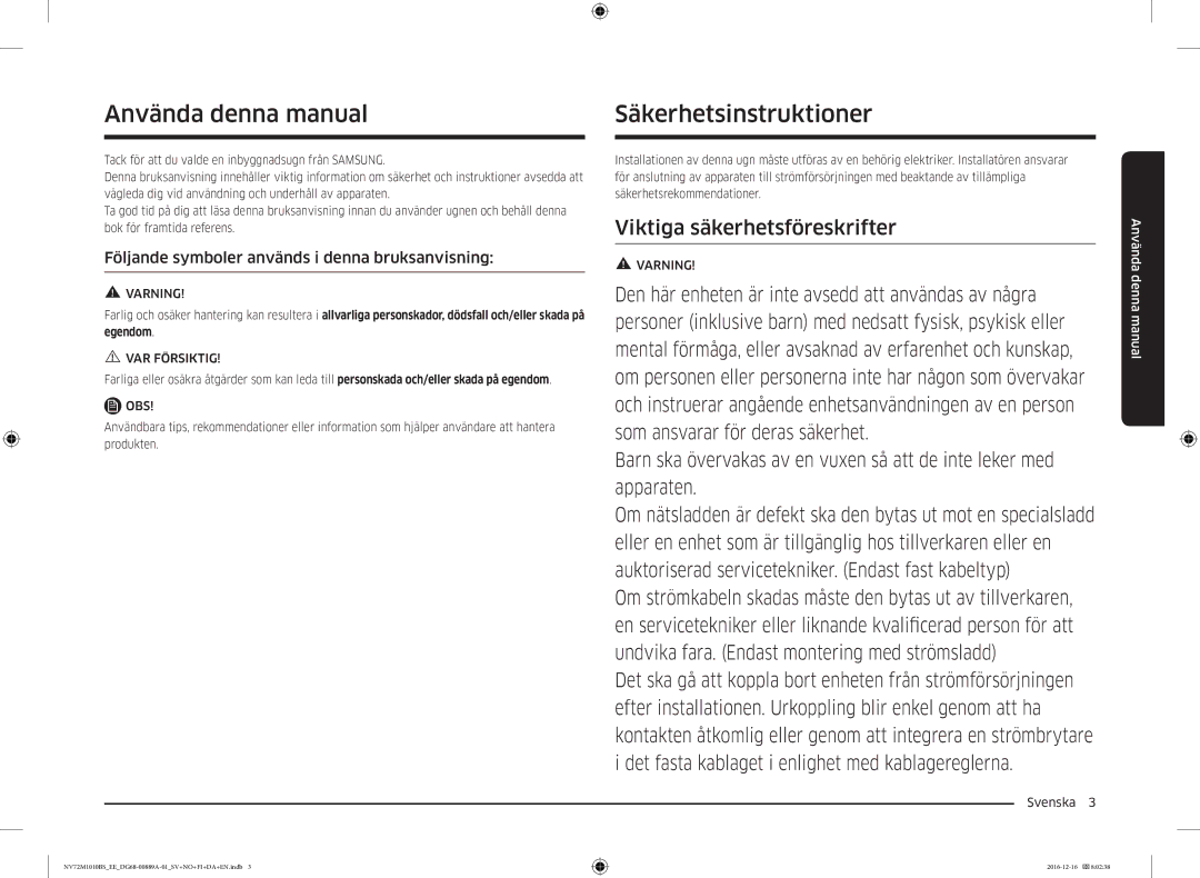 Samsung NV72M1010BS/EE Använda denna manual, Säkerhetsinstruktioner, Följande symboler används i denna bruksanvisning 